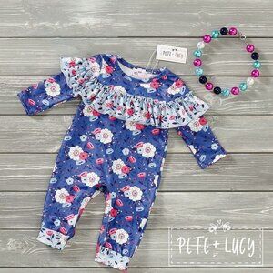 Pete + Lucy Romper 9-12 m Country Denim Floral Blue Ruffles Girls Baby NEW